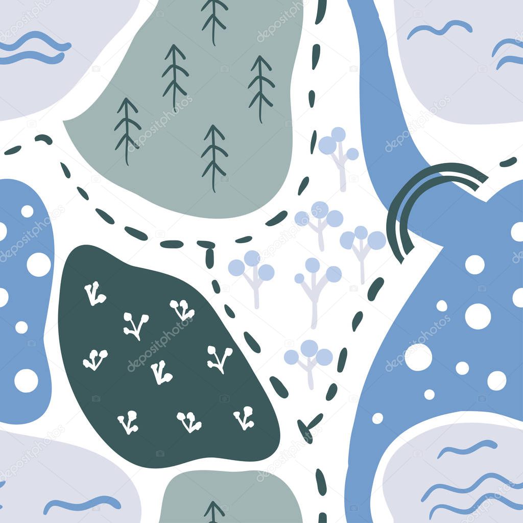 Seamless pattern: cartoon map with doodle lake