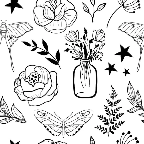 Patrón sin costura con flores monocromáticas dibujadas a mano — Archivo Imágenes Vectoriales