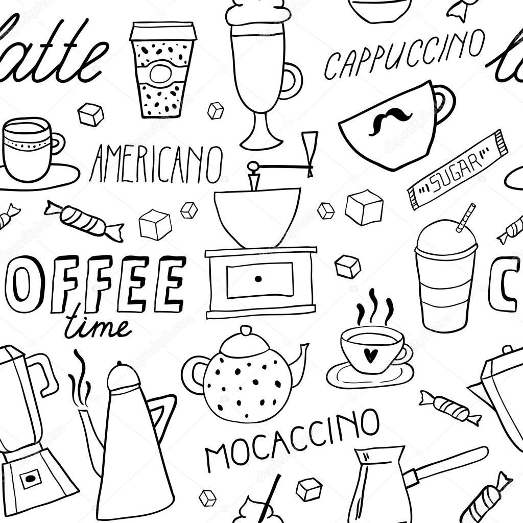 Hand Drawn cups and mugs seamless pattern