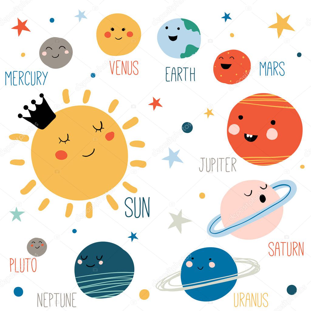 Solar system with cute cartoon planets