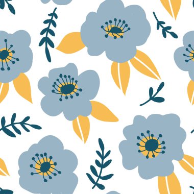 Renkli el çizilmiş mavi çiçekler ile dikişsiz desen