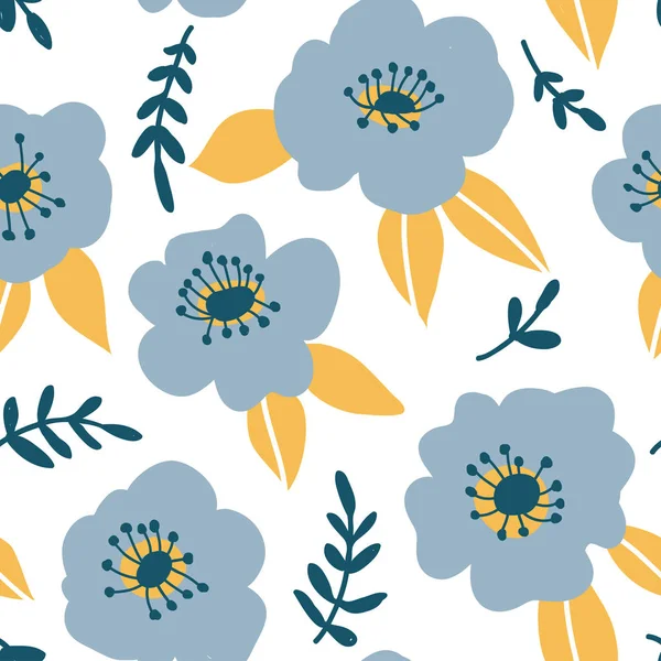 Renkli el çizilmiş mavi çiçekler ile dikişsiz desen