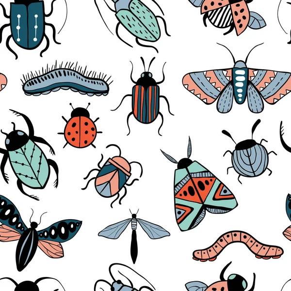Pattren sem costura com insetos coloridos desenhados à mão — Vetor de Stock