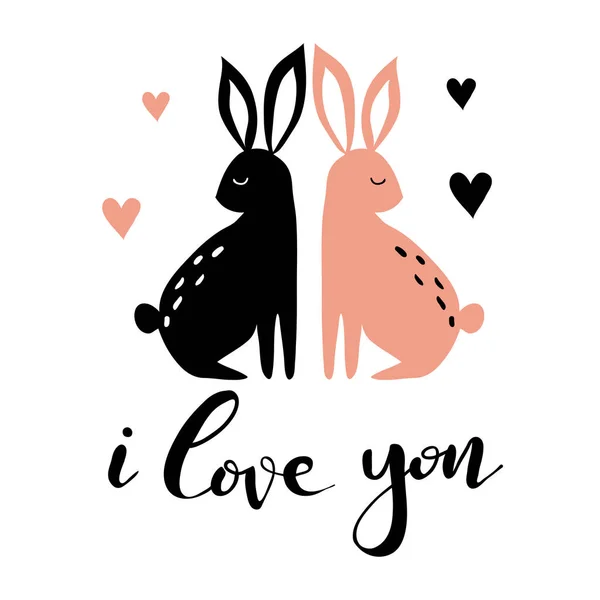Carta dibujada a mano con corazones, conejos y letras — Vector de stock