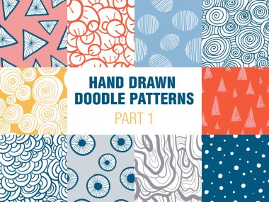 On renkli basit minimalist dikişsiz desenler ayarlayın. Arka planlar için el çizilmiş doodle doku tasarımları, vektör illüstrasyon, kumaş, ambalaj kağıdı