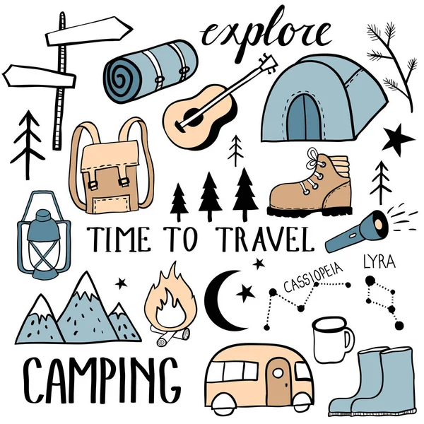 Conjunto de camping. Colección kit de viaje — Vector de stock