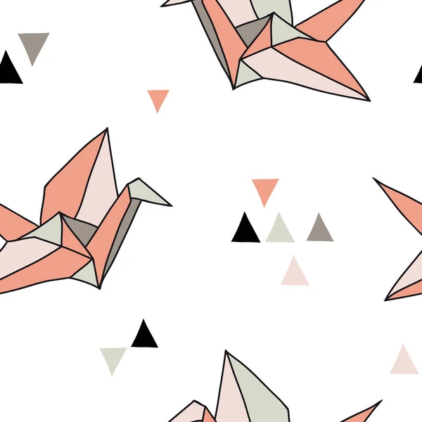 Nahtloses Muster mit abstrakten Formen und rosa Origami-Vögeln — Stockvektor