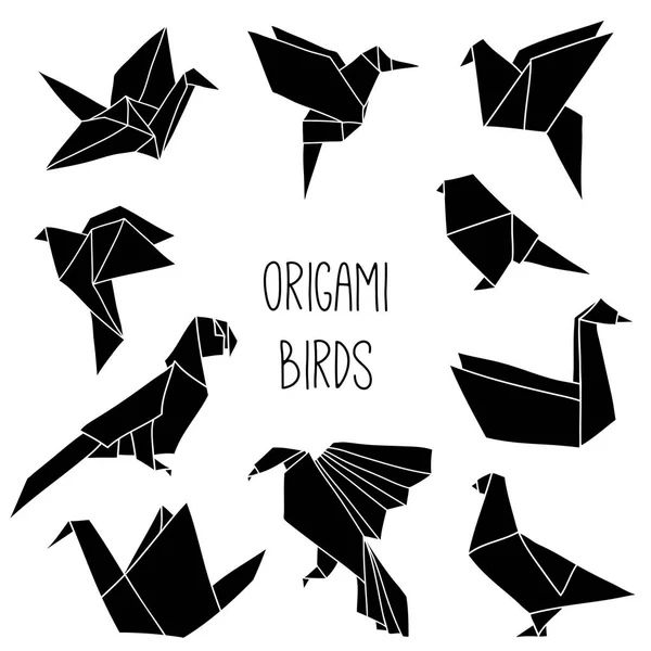 Niedliche Kollektion mit 10 schwarzen Origami-Vogelsilhouetten — Stockvektor