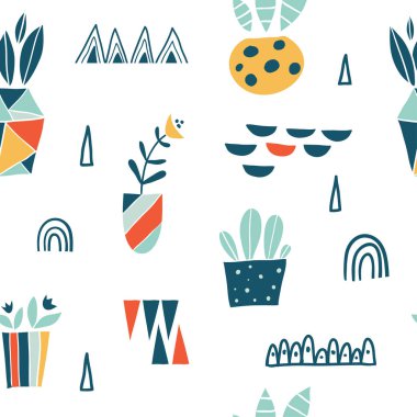 Kaktüs ve çiçekler ile geometrik dikişsiz desen