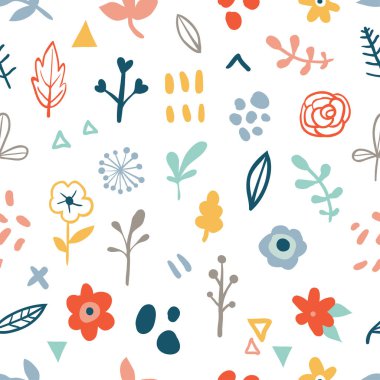 Çiçek grafik dikişsiz desen. Trendy yaratıcı el soyut çiçekler, yapraklar ve kelebekler çizilmiş. Kağıt, tekstil baskı, sayfa dolgusu için doodle kroki tarzı serbest tasarım