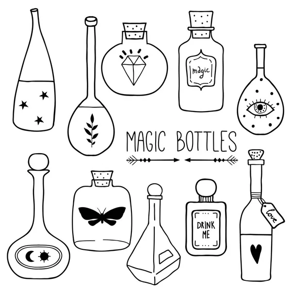 Набор волшебных мультяшных бутылок и любовных зелий — стоковый вектор