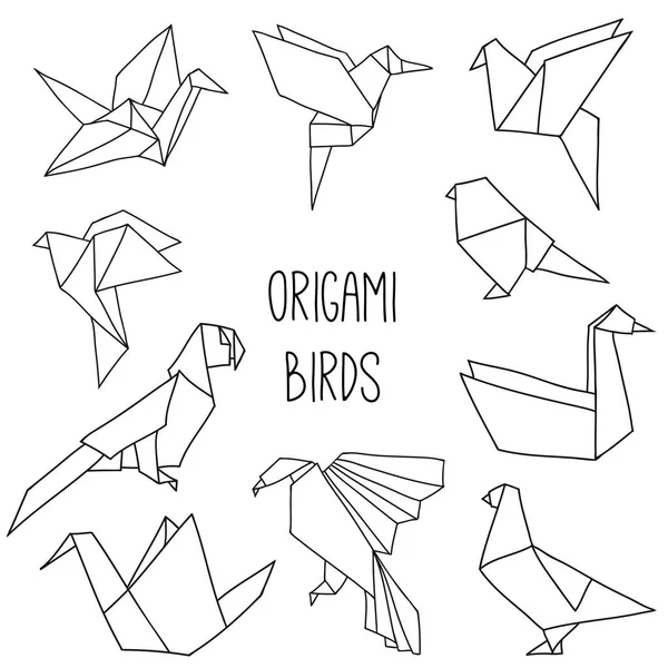 Niedliche Kollektion mit 10 Origami-Vögeln in Umrissen — Stockvektor