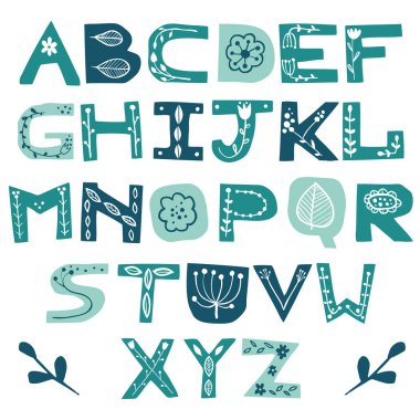 Çiçek doodle ile İngilizce renkli büyük harf kağıt kesme alphabe