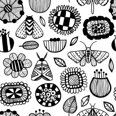 Çiçek grafik dikişsiz desen. Trendy yaratıcı el soyut çiçekler, yapraklar ve kelebekler çizilmiş. Kağıt, tekstil baskı, sayfa dolgusu için doodle kroki tarzı serbest tasarım