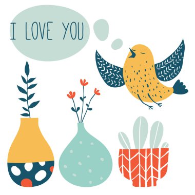 Sevimli kuş ile Vektör romantik illüstrasyon