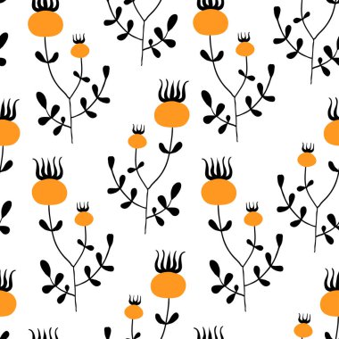 Doodle çiçek elemanları ile vektör dikişsiz desen. Sonbahar koleksiyonu. Çiçek grafik tasarım. Otlar, meyveler ve yabani çiçekler. El çizilmiş vektör botanik doku. Modern sonbahar mevsimlik dekor