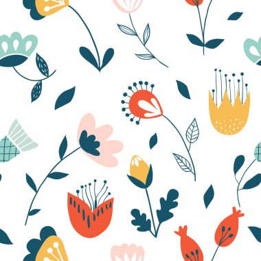 Çiçek grafik dikişsiz desen. El çizilmiş çiçekler ile Vektör çiçek doku. Renkli doodle çiçek elemanları ile Backgroynd. Modern, botanik. 