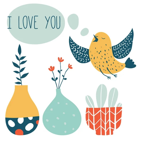 Vector romántica ilustración con lindo pájaro — Vector de stock