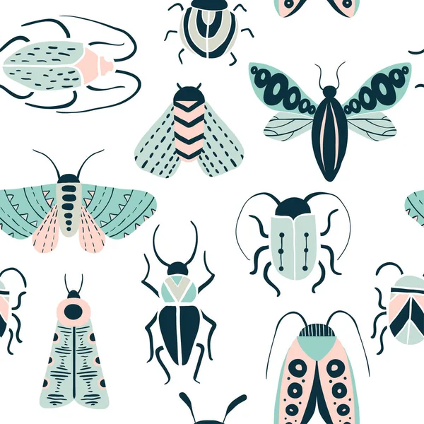 Seamless pattern with hand drawn colorful insects — Stock Vector