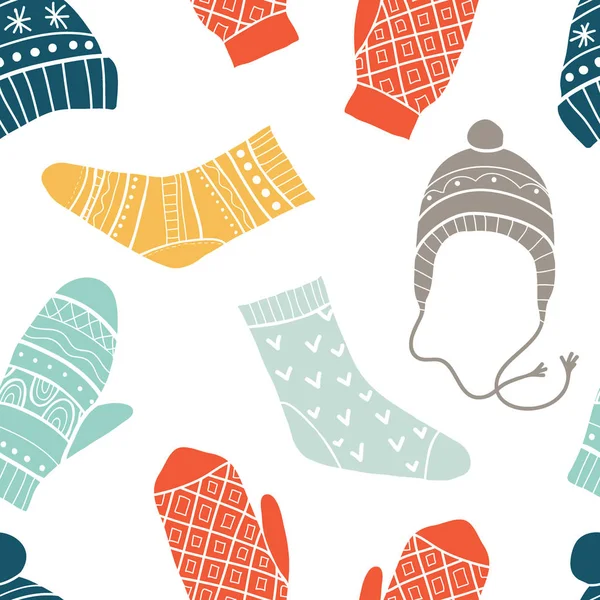 冬季矢量无缝模式与可爱的袜子，帽子 — 图库矢量图片