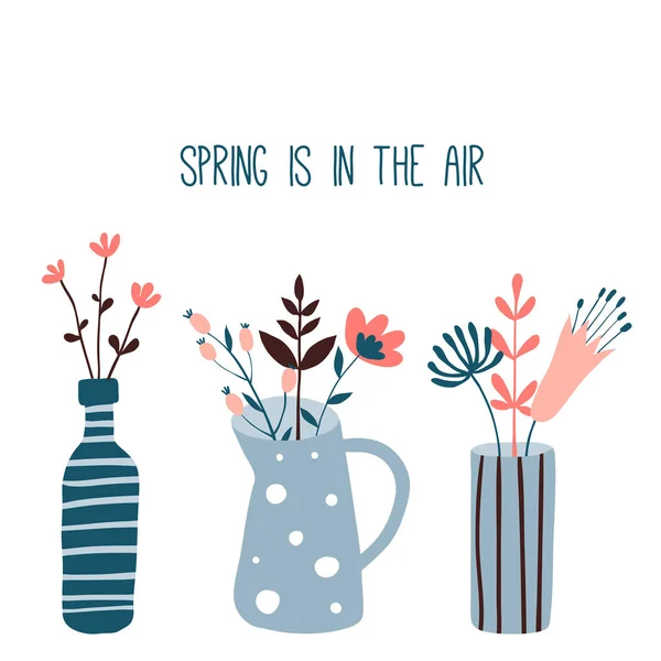 Der Frühling liegt in der Luft. Karte oder Poster mit niedlichen Blumentöpfen — Stockvektor