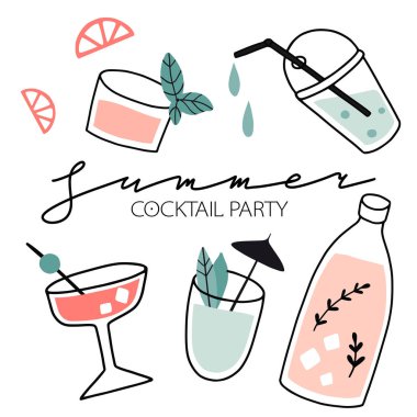 Elle çizilmiş taze kokteyller seti