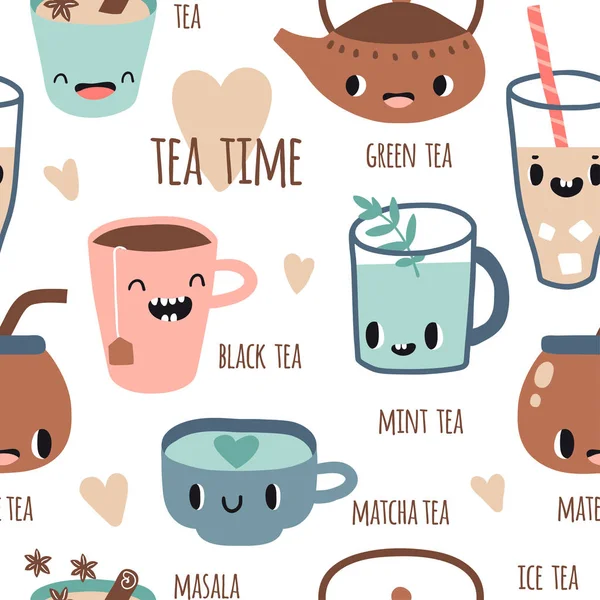 Patrón sin costuras con diferentes tipos de té — Vector de stock