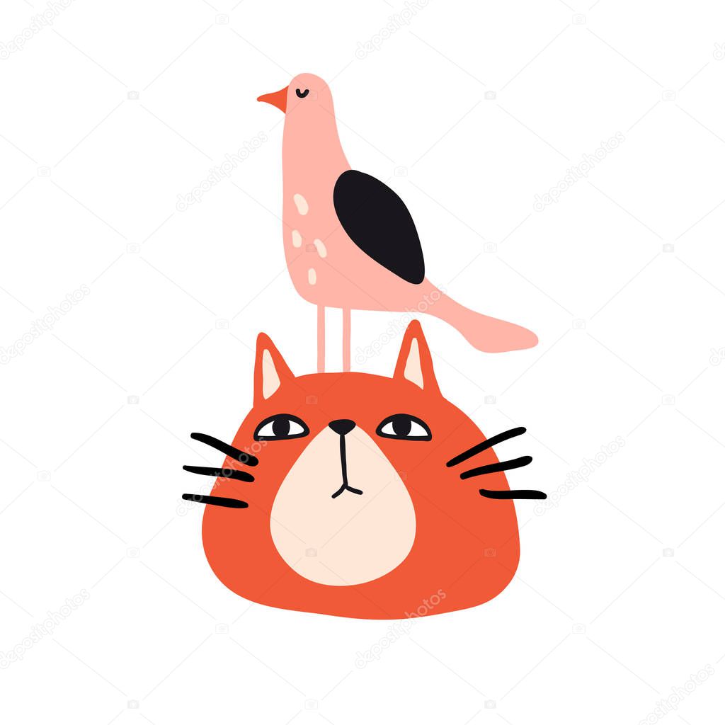 Funny cat and bird. Cute design for card