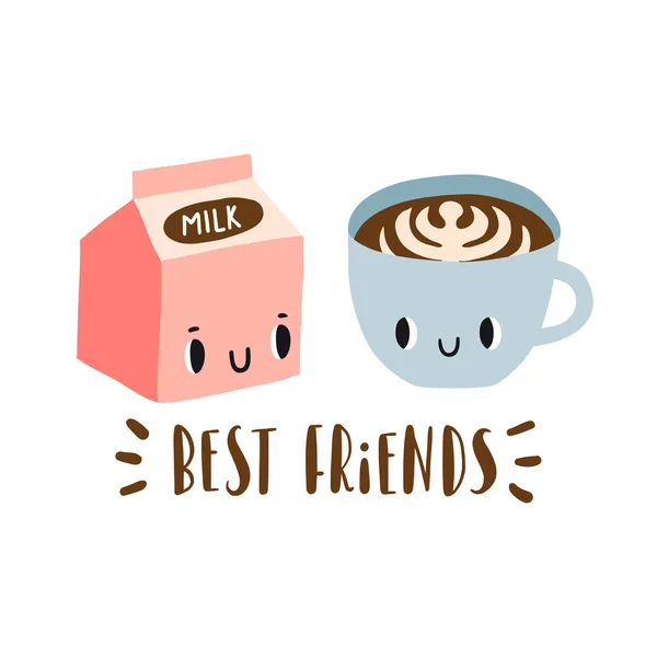 親友:漫画のミルクとコーヒーのカップ — ストックベクタ