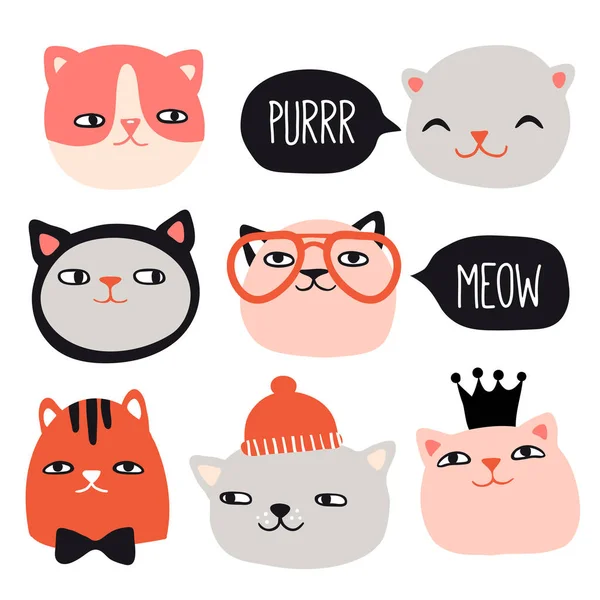 Set of cute funny cat heads in doodle style. Vector hand drawn