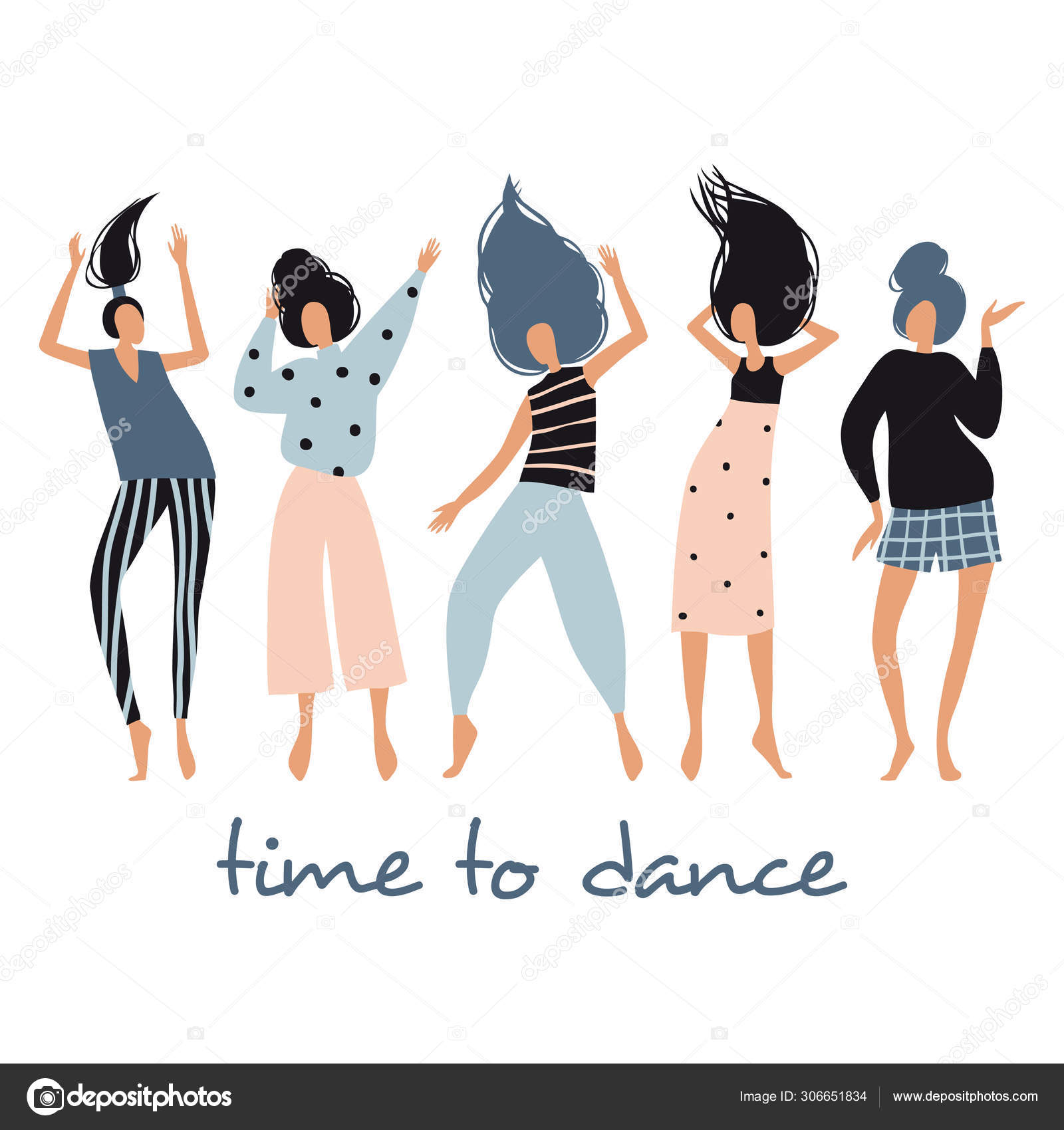 På tide å danse. Morsomme dansejenter stockvektor © lenanikolaeva #306651834, image size:1600x1700