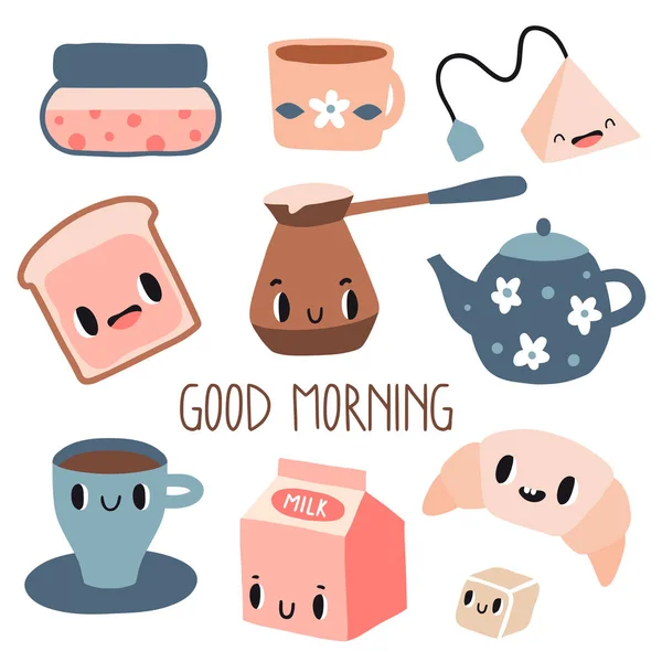 Goedemorgen. Grappige ontbijt karakters — Stockvector