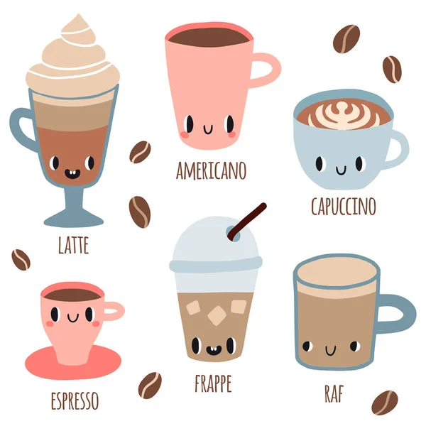 Set of coffee with smile faces — Stock Vector