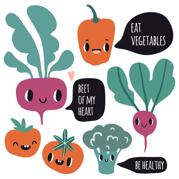 Nettes Cartoon-Lächeln Gemüsefiguren mit Sprechblasen — Stockvektor