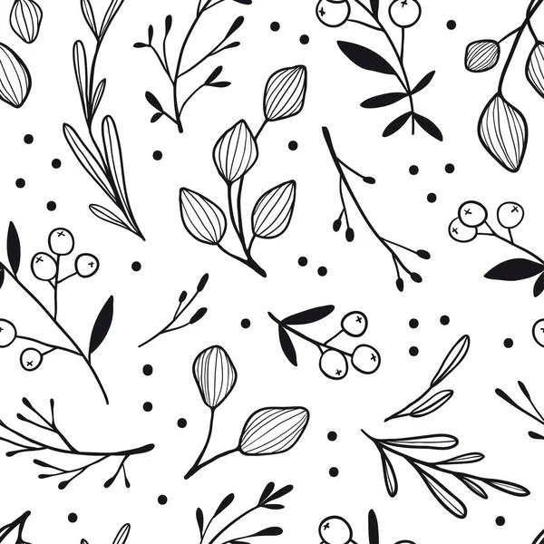 Motif vectoriel sans couture avec fleurs dessinées à la main, feuilles, baies — Image vectorielle