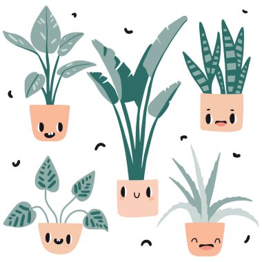 Beş karikatür kaktüs ve saksı ile ayarlayın