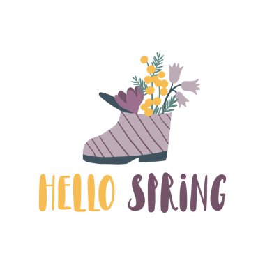 Üzerinde yazı olan çiçekli şirin yağmur çizmeleri, el yazısı. Buketli lastik çizmeler. Çizgi film düz stil vektör çizimi. Bahar. Bahçe bitkileri El çizimi bahar veya yaz baskısı, poster