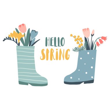 Üzerinde yazı olan çiçekli şirin yağmur çizmeleri, el yazısı. Buketli lastik çizmeler. Çizgi film düz stil vektör çizimi. Bahar. Bahçe bitkileri El çizimi bahar veya yaz baskısı, poster