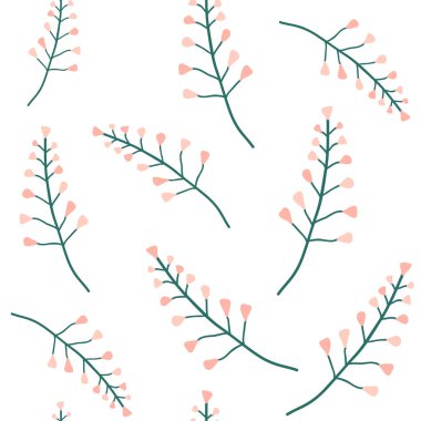 Çiçekçi, minimalist, kusursuz desen. Bitkisel hayatlar. Kağıt, tekstil baskısı, sayfa dolumu için grafik tasarımı. Beyaz üzerine el çizimi modern bitkiler olan soyut çiçek dokusu. Vektör