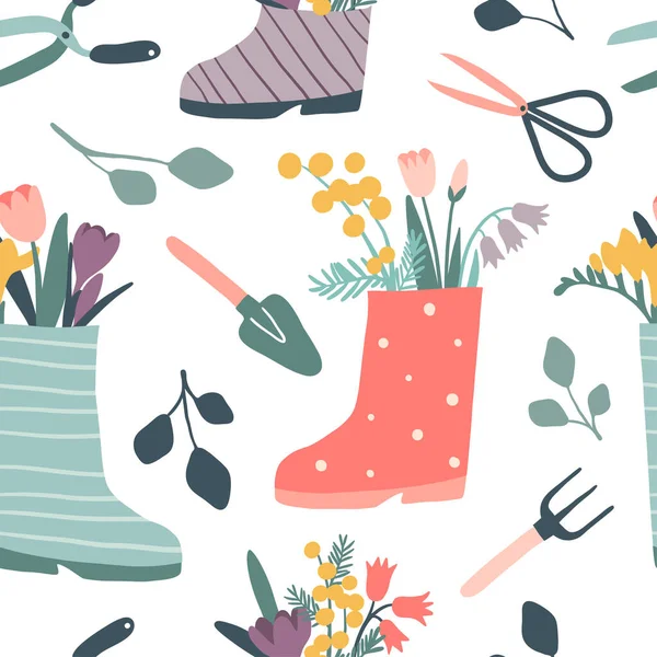 Bottes de pluie mignonnes avec des fleurs et des outils de jardinage motif sans couture — Image vectorielle