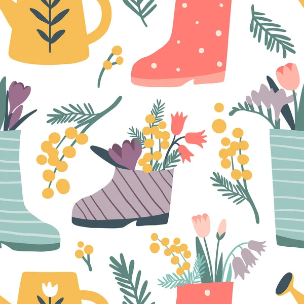 花のシームレスなパターンとかわいい雨のブーツ — ストックベクタ