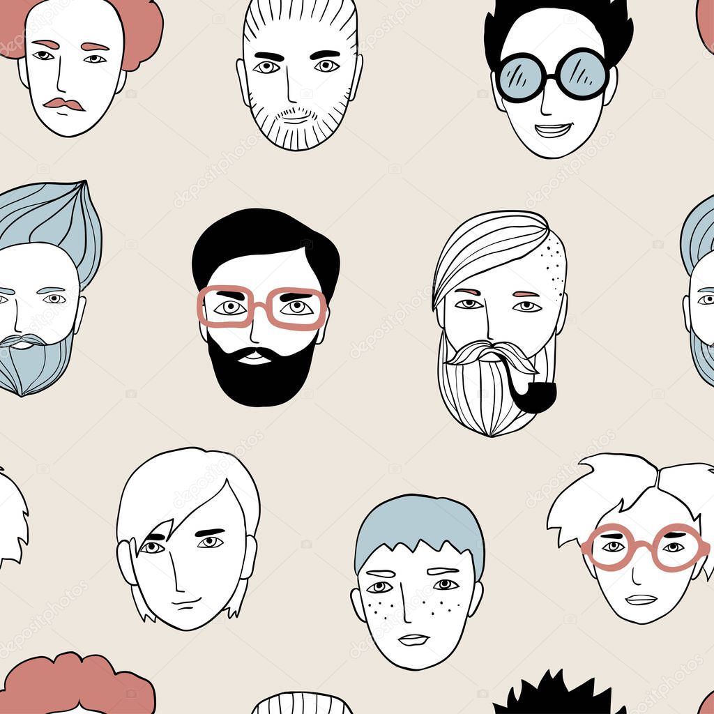 Seamless pattern with cute faces of people