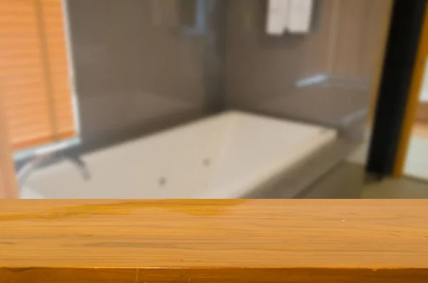Tabela Superior Madeira Abstrato Imagem Desfocada Banheira Decoração Interior Banheiro — Fotografia de Stock