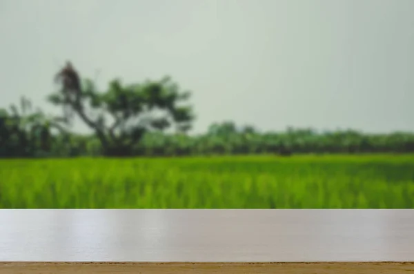 Table Haut Bois Abstrait Blurred Rice Field Herbe Verte Peut — Photo