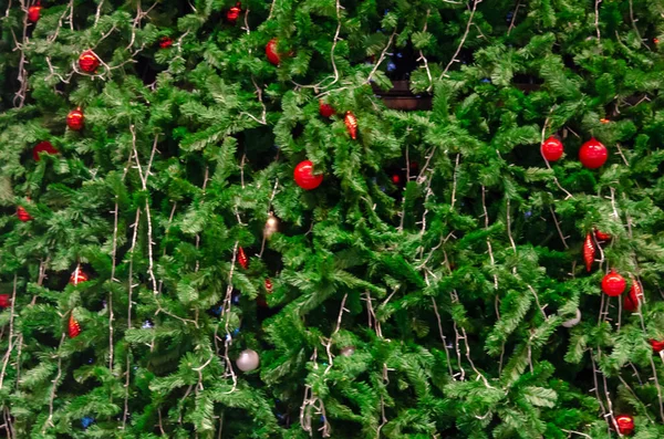 Rode Bal Ornament Achtergrond Van Een Kerstboom — Stockfoto