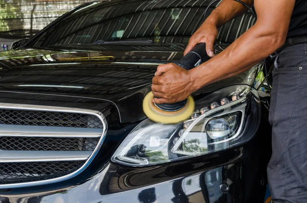 Man Hands Holding Work Tool Polish Car Buffing Polishing Car — Stock Photo, Image