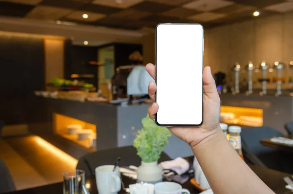 Kobieta Ręka Gospodarstwa Telefon Komórkowy Tło Rozmycia Cafe Restauracji Biały — Zdjęcie stockowe