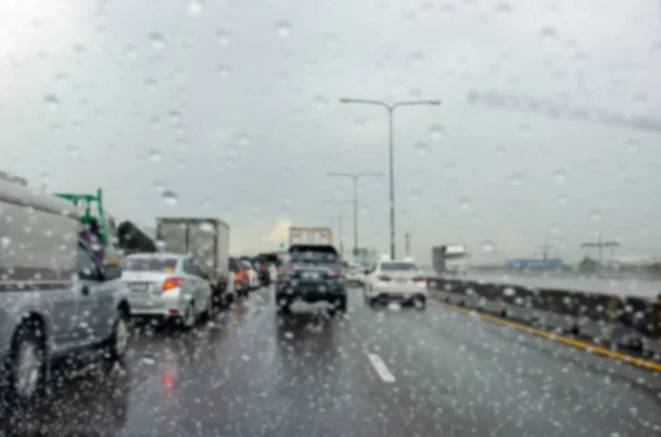 Traffic jams on expressways, rain on car windows during the day.
