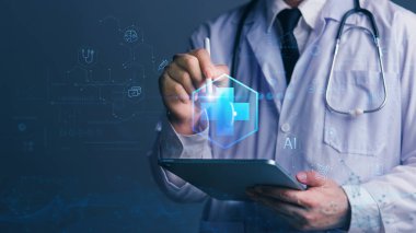 Smart healthcare concept with doctor and digital interface. Great for medical technology, AI, online consultation, data health, and futuristic healthcare visuals. Digital transformation innovation