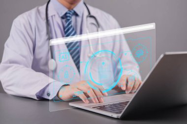 Modern telehealth with doctor using laptop. Secure cloud platform and AI-based healthcare integration. smart technology and e-medicine healthcare innovation services.